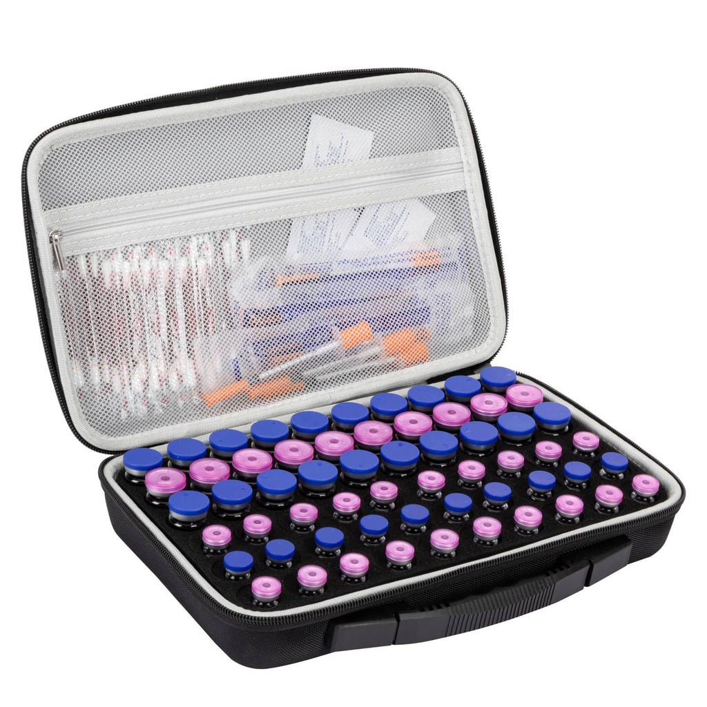Black 60-slot insulin vial storage case with clear window lid and 60 colored vial caps