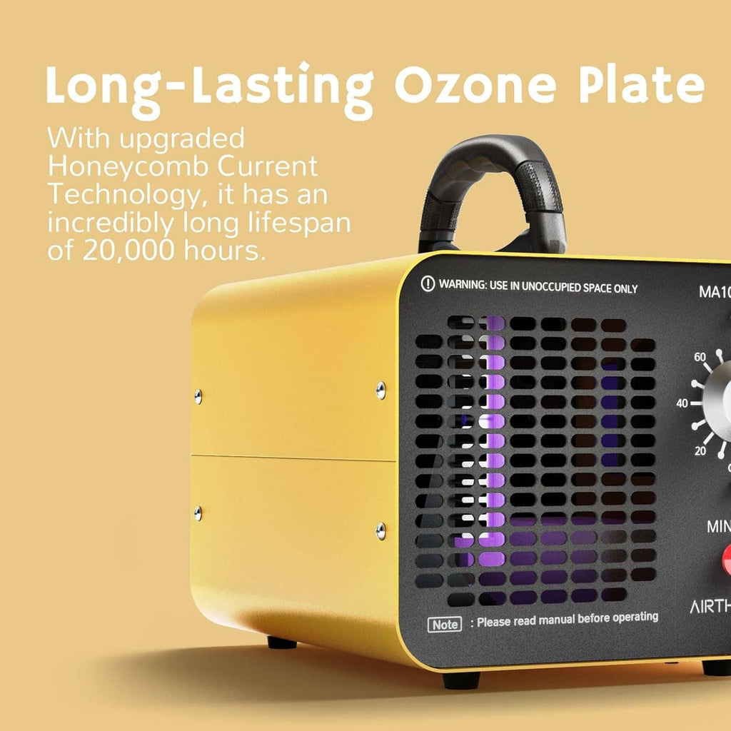 Yellow ozone generator angled view with black front grille and top carry handle