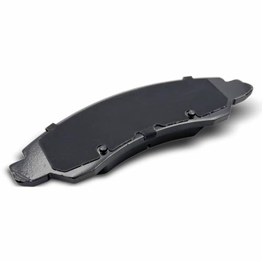 Ceramic brake pad with black backing, mounting holes, and raised edge