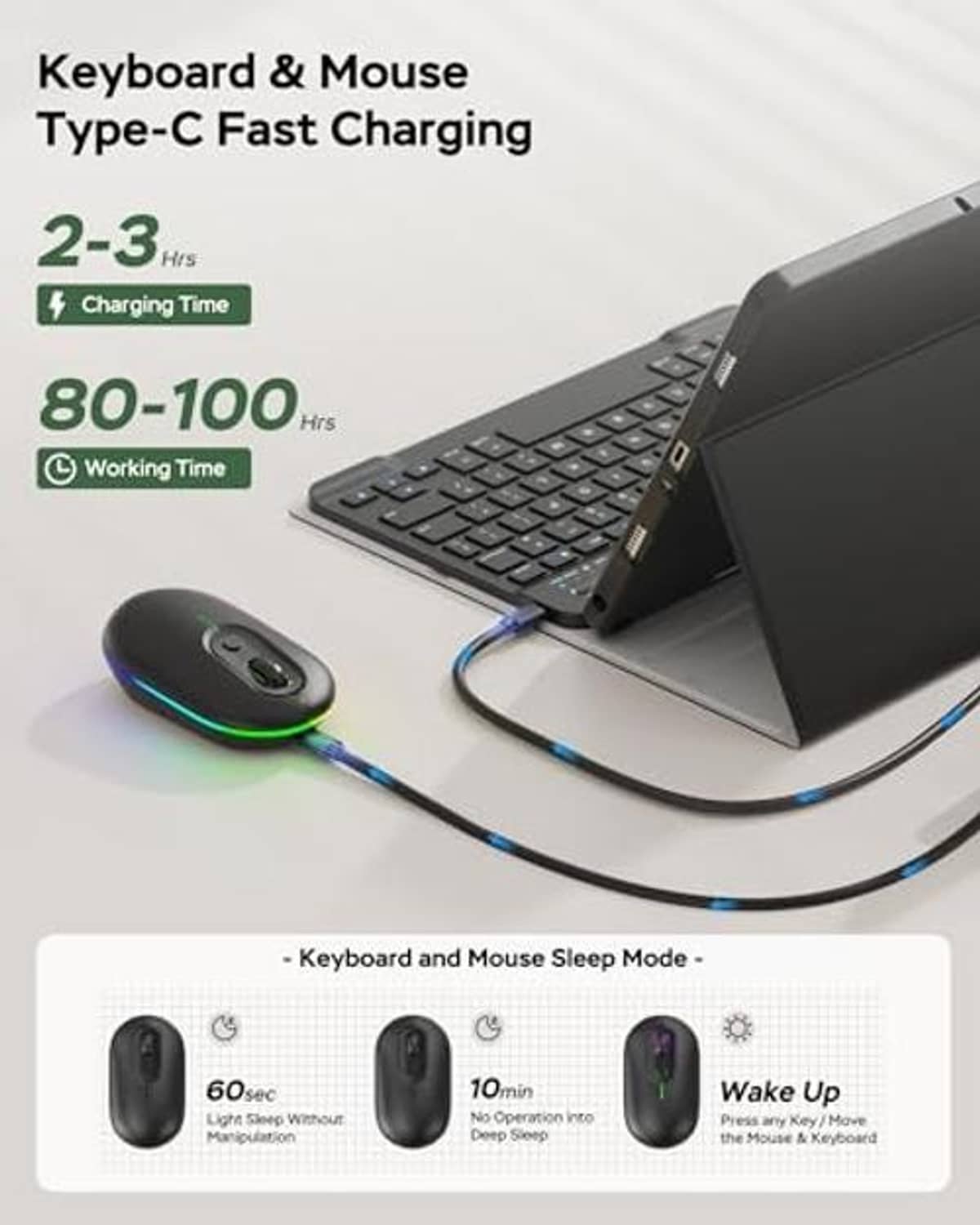Tablet keyboard case with wireless mouse and Type-C charging cables
