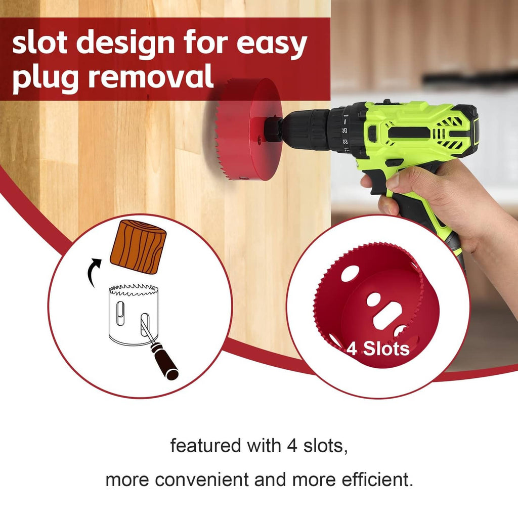 Red bi-metal hole saw with 4-slot design for easy plug removal