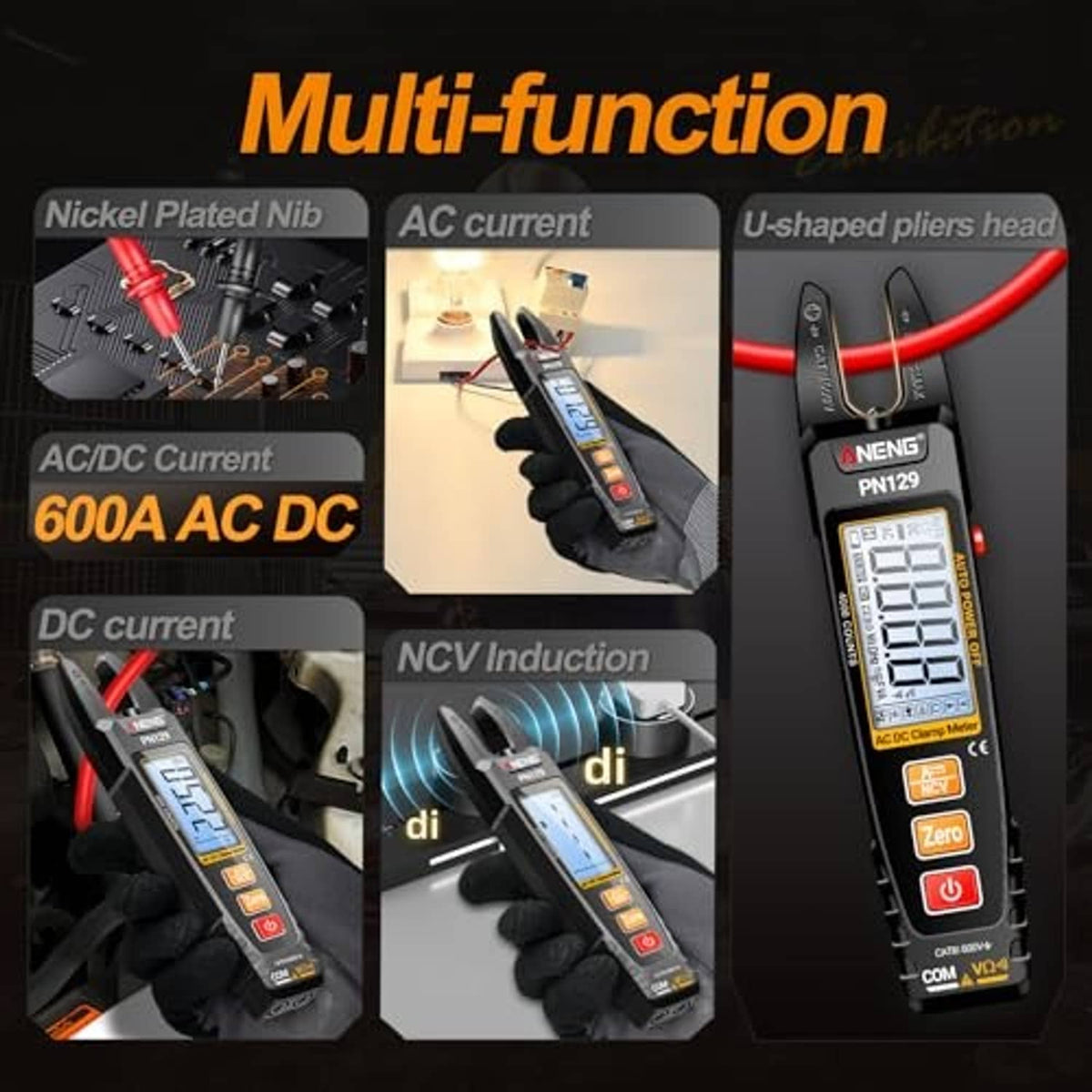 Clamp multimeter tester showing multiple functions with red and black lead attachments
