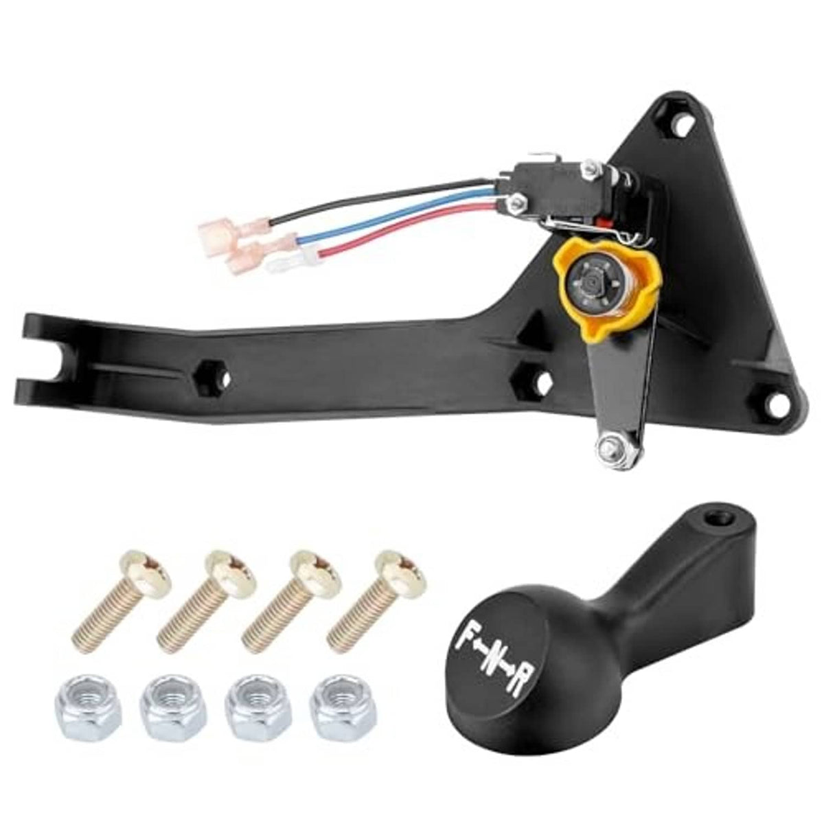 Black forward-neutral-reverse shifter handle with wiring harness and metal mounting bracket