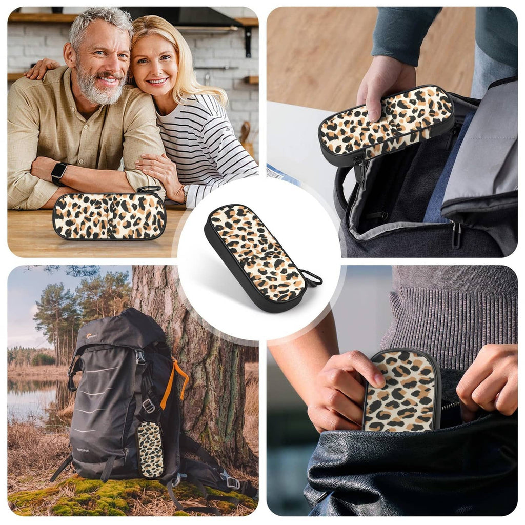 Leopard print insulin cooler case shown in use, held closed with zipper