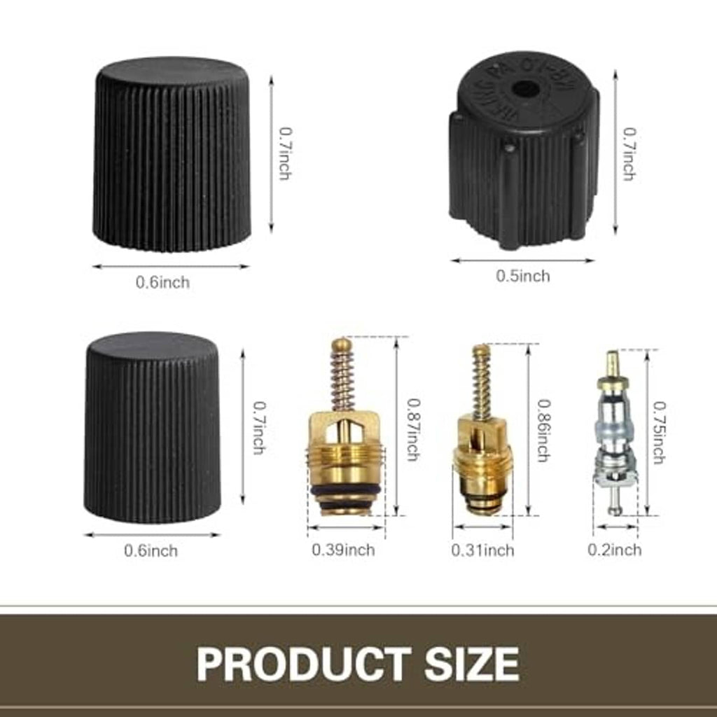Black cap size view with brass and silver valve core sizes, dimension labels shown