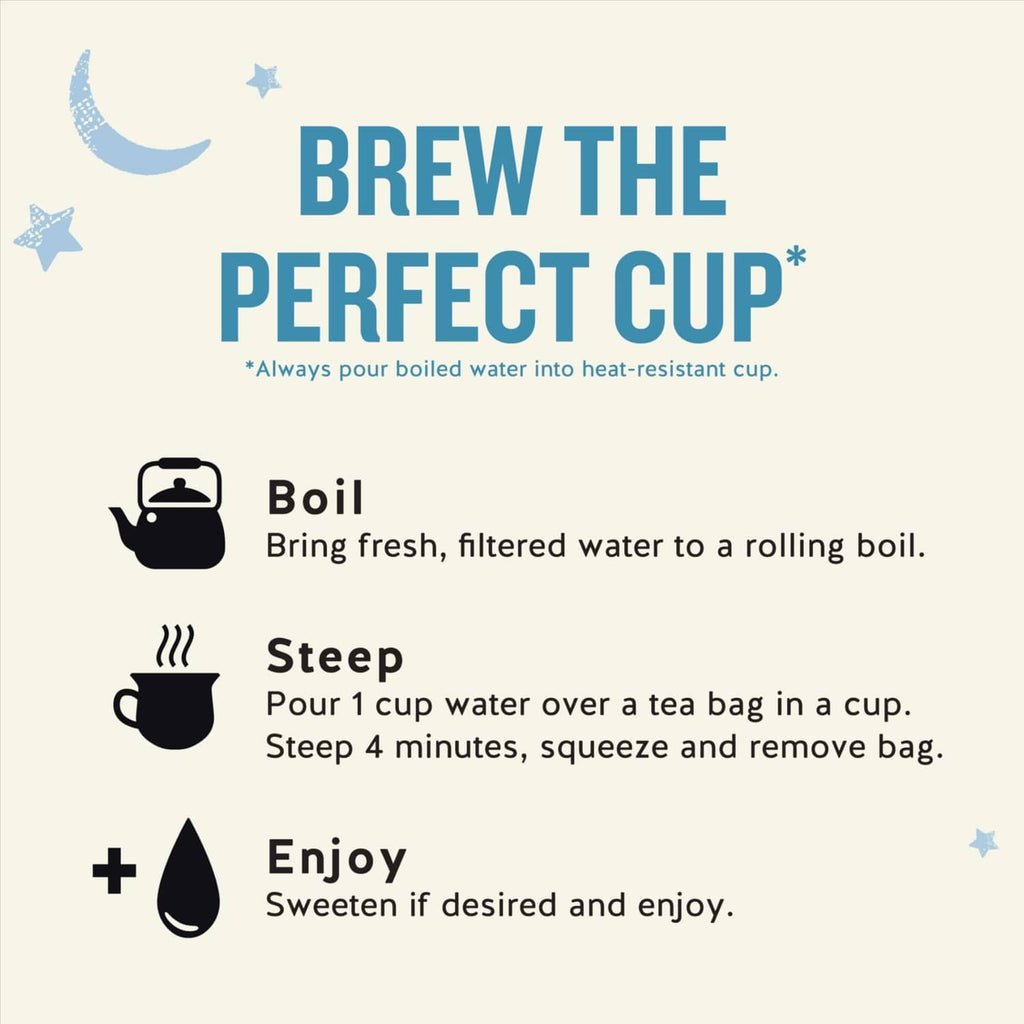 Sleepytime tea box instructions panel: boil, steep 4 minutes, enjoy