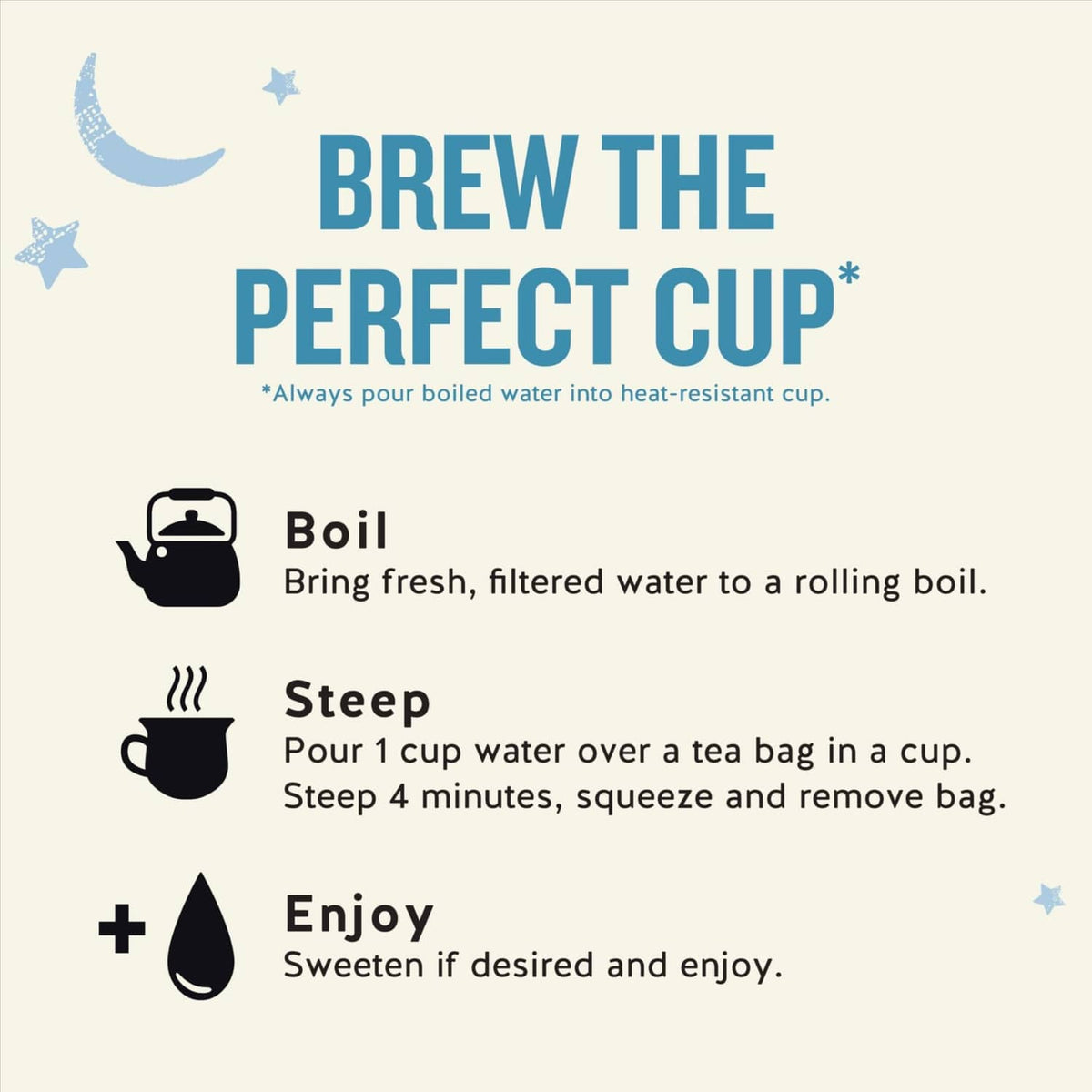 Sleepytime tea box instructions panel: boil, steep 4 minutes, enjoy