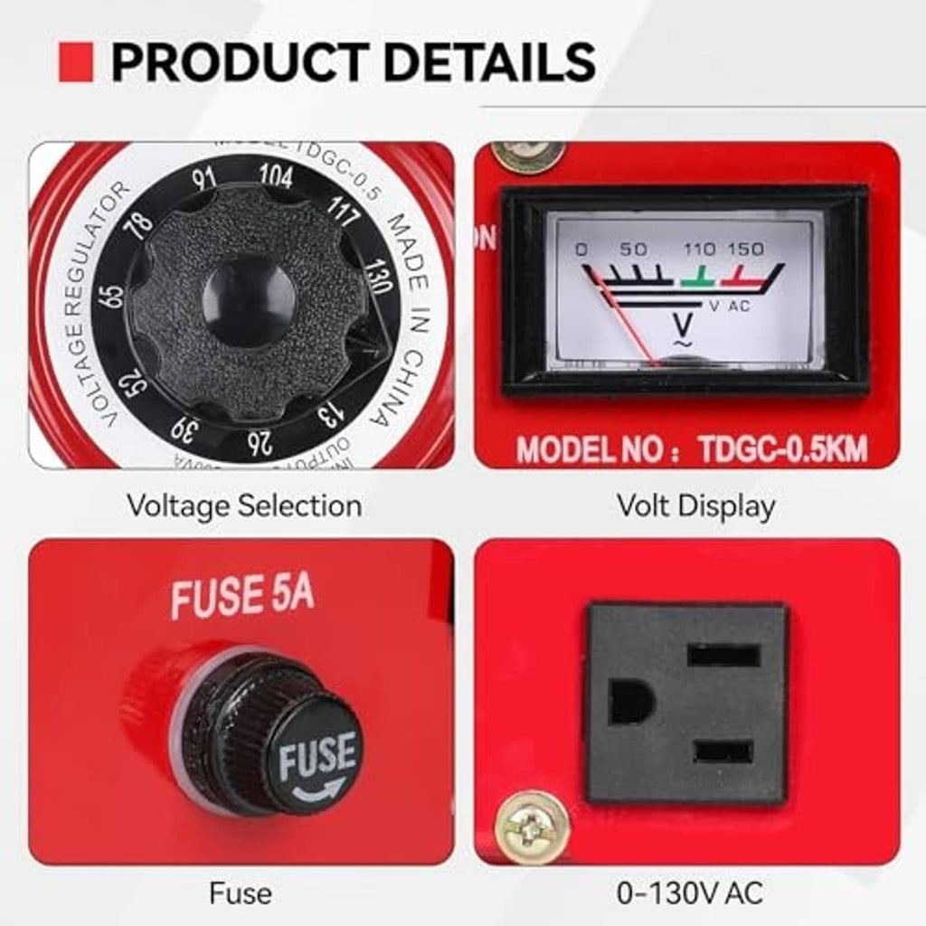 Red voltage transformer details: selector dial, volt display, fuse, and AC output socket