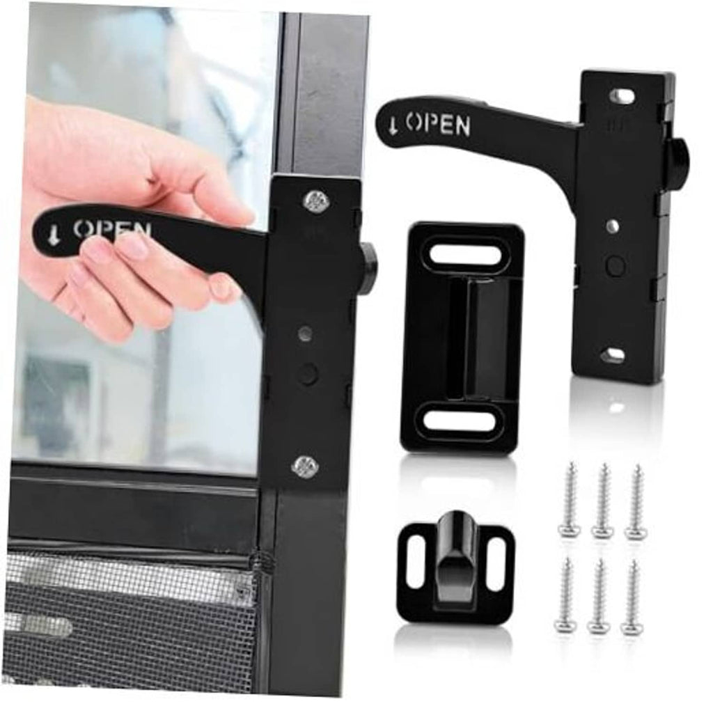 Black left-hand RV screen door latch replacement kit with open handle and mounting plate
