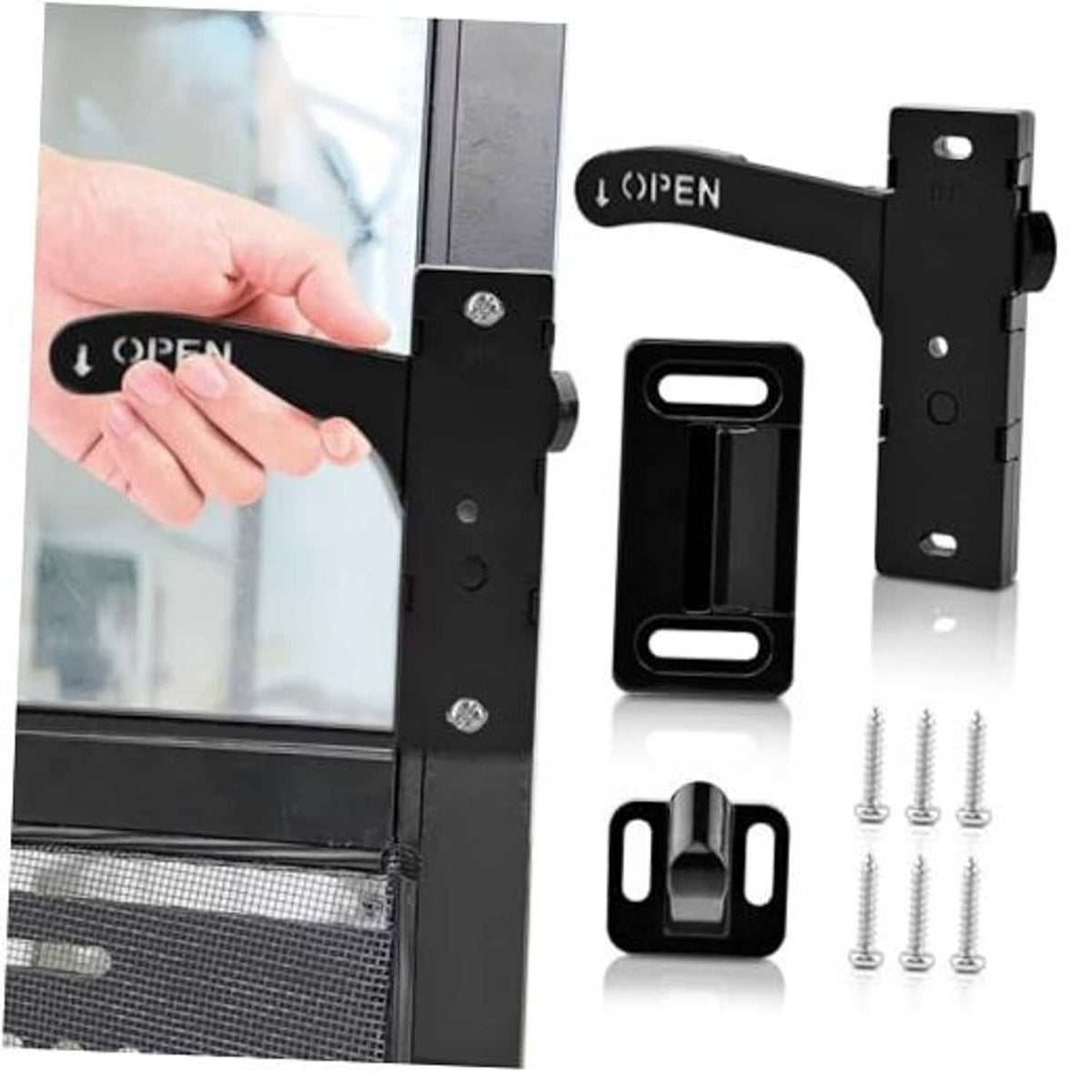 Black left-hand RV screen door latch replacement kit with open handle and mounting plate