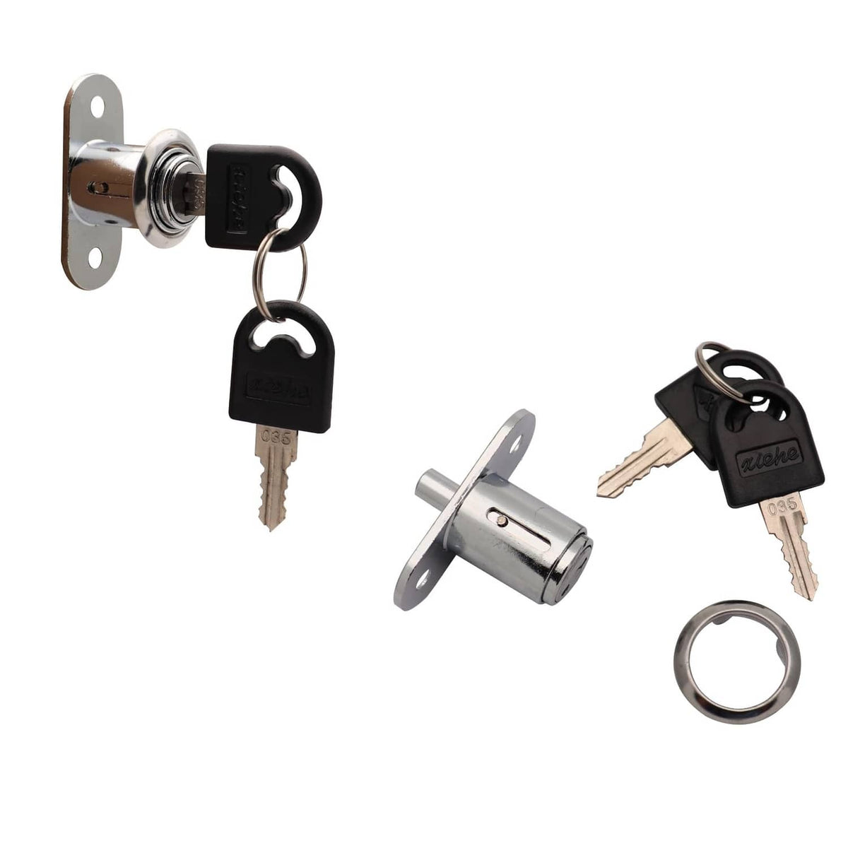Silver push plunger lock set with black cylinders, keys, rings, and mounting plates