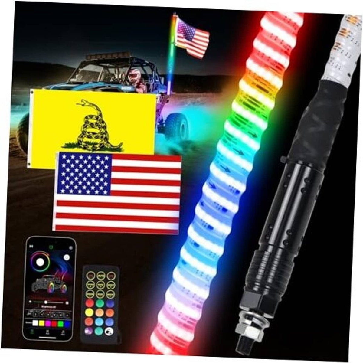 RGB COB LED whip light with black mounting base and segmented colorful light tube