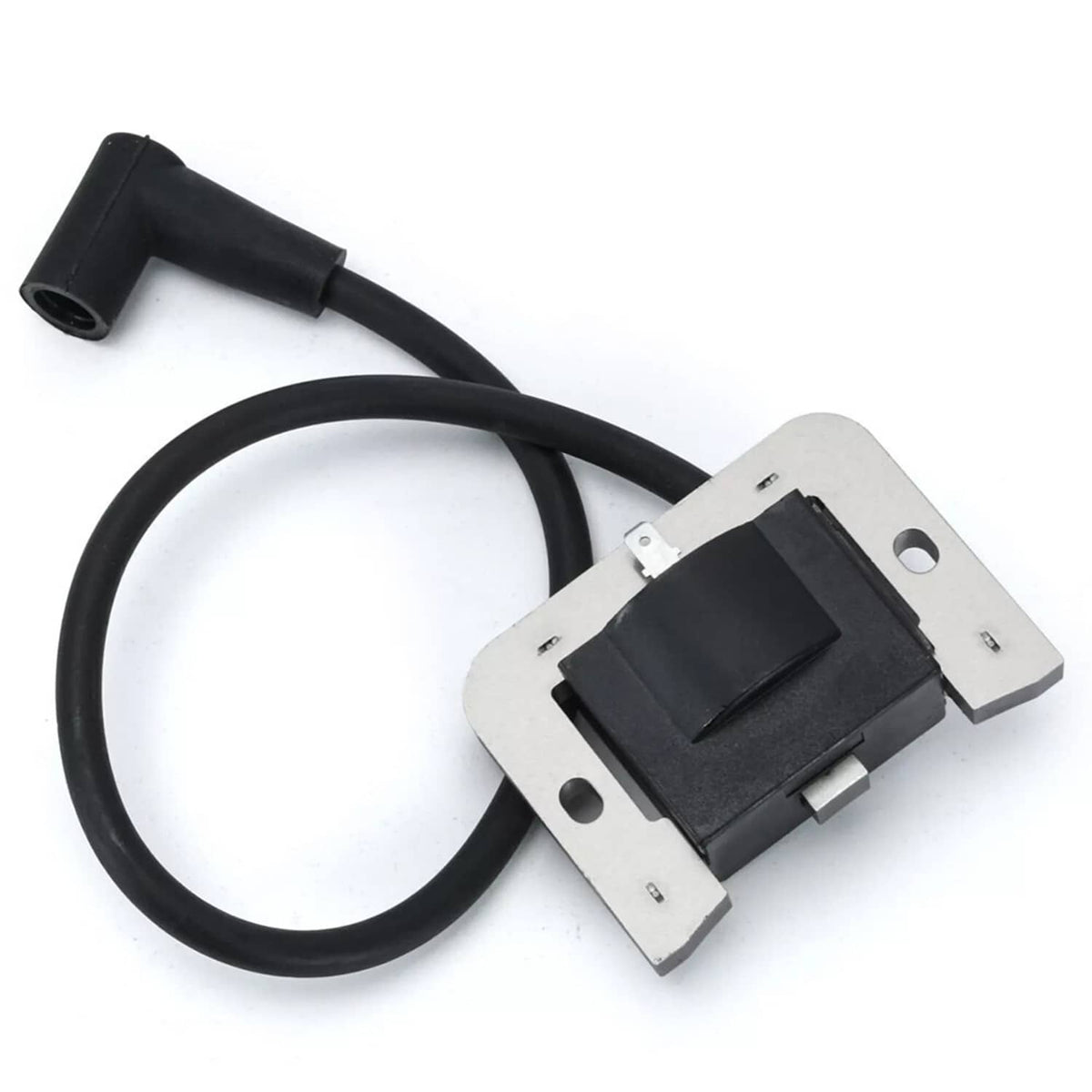 Ignition coil module with black wire leads and metal mounting bracket, angled view