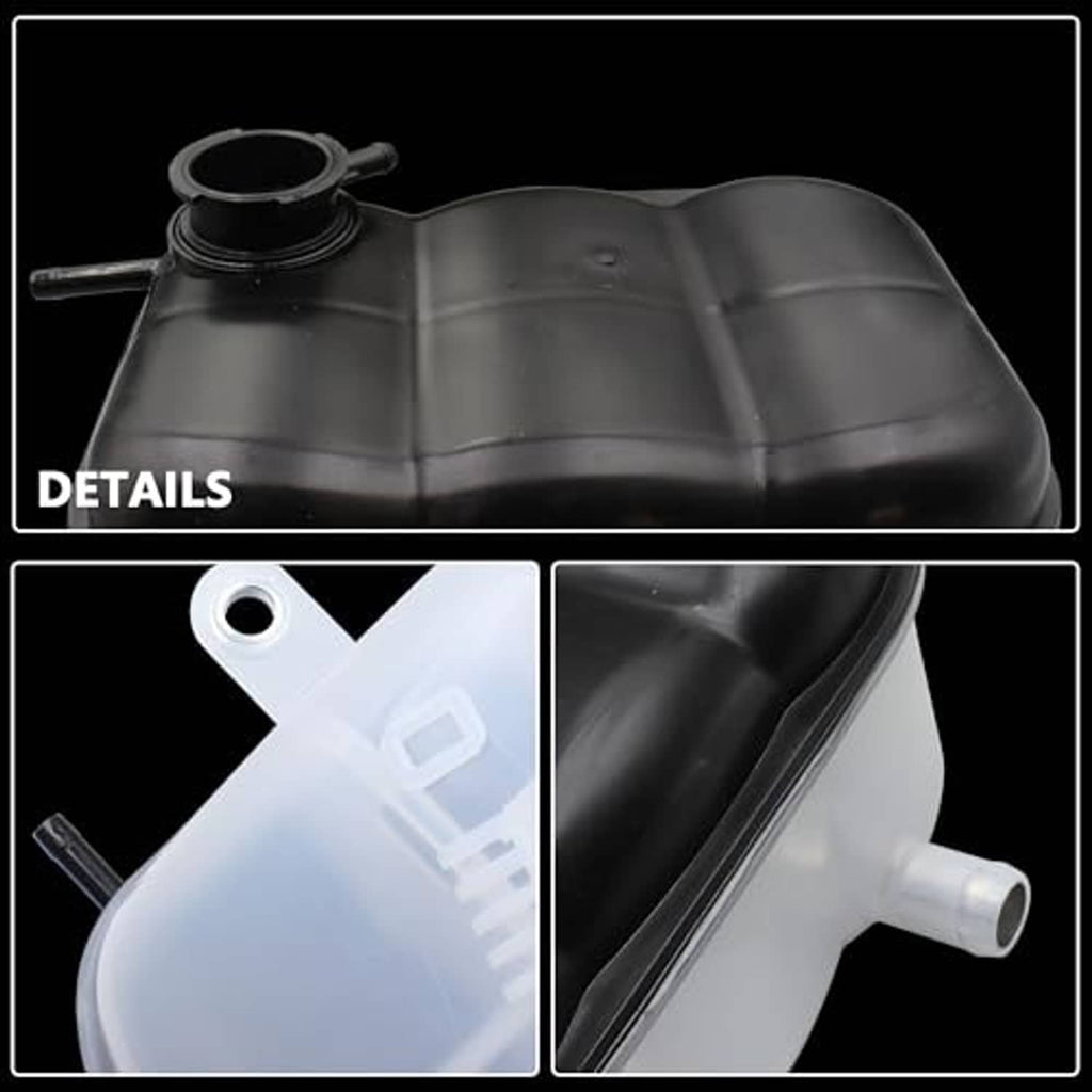 Black coolant reservoir with cap and side outlet tube ports, close-up detail