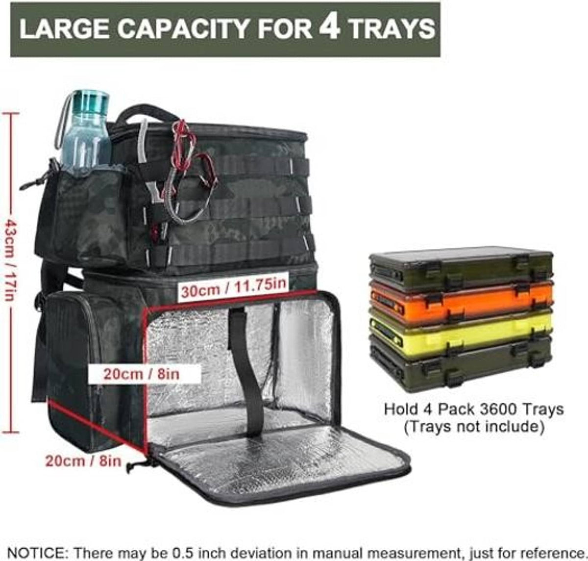 Camouflage fishing backpack with hinged insulated front compartment and fold-out base mat