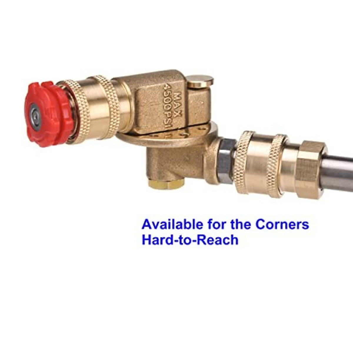 Brass pressure washer pivoting coupler with red cap and hard-to-reach corner adapter