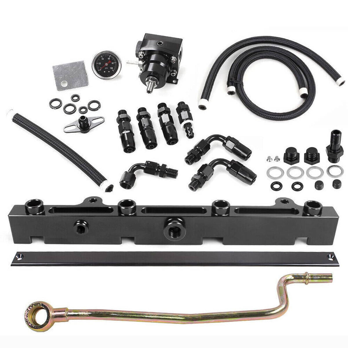 K-series tucked fuel line system kit with fuel rail, regulator, gauge, and braided hoses