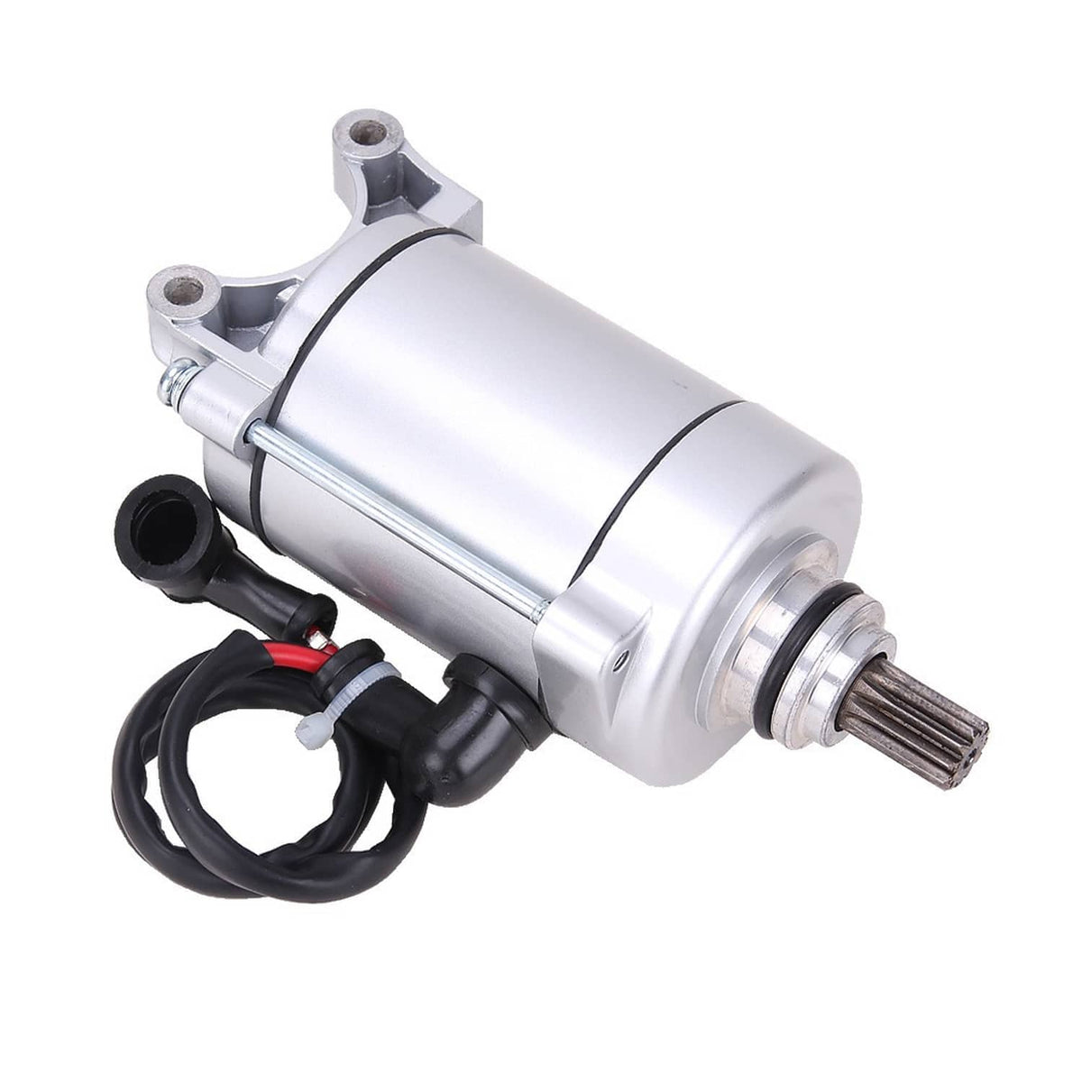 12V starter motor with black wiring and silver cylindrical housing, side view