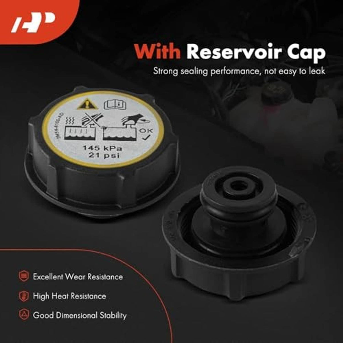 White coolant reservoir tank with black cap and separate black cap housing