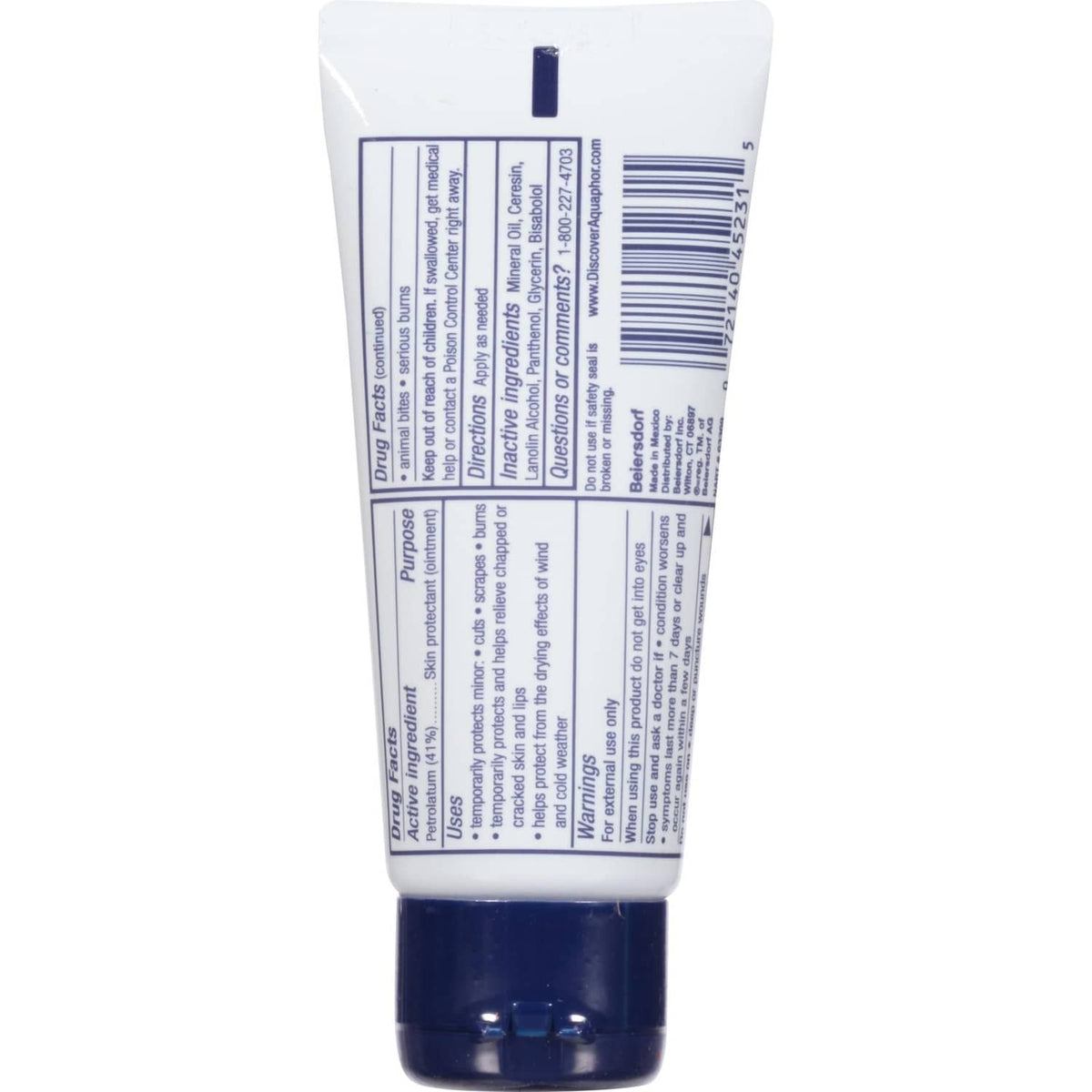 Aquaphor Healing Ointment tube back label with barcode, 1.75 oz
