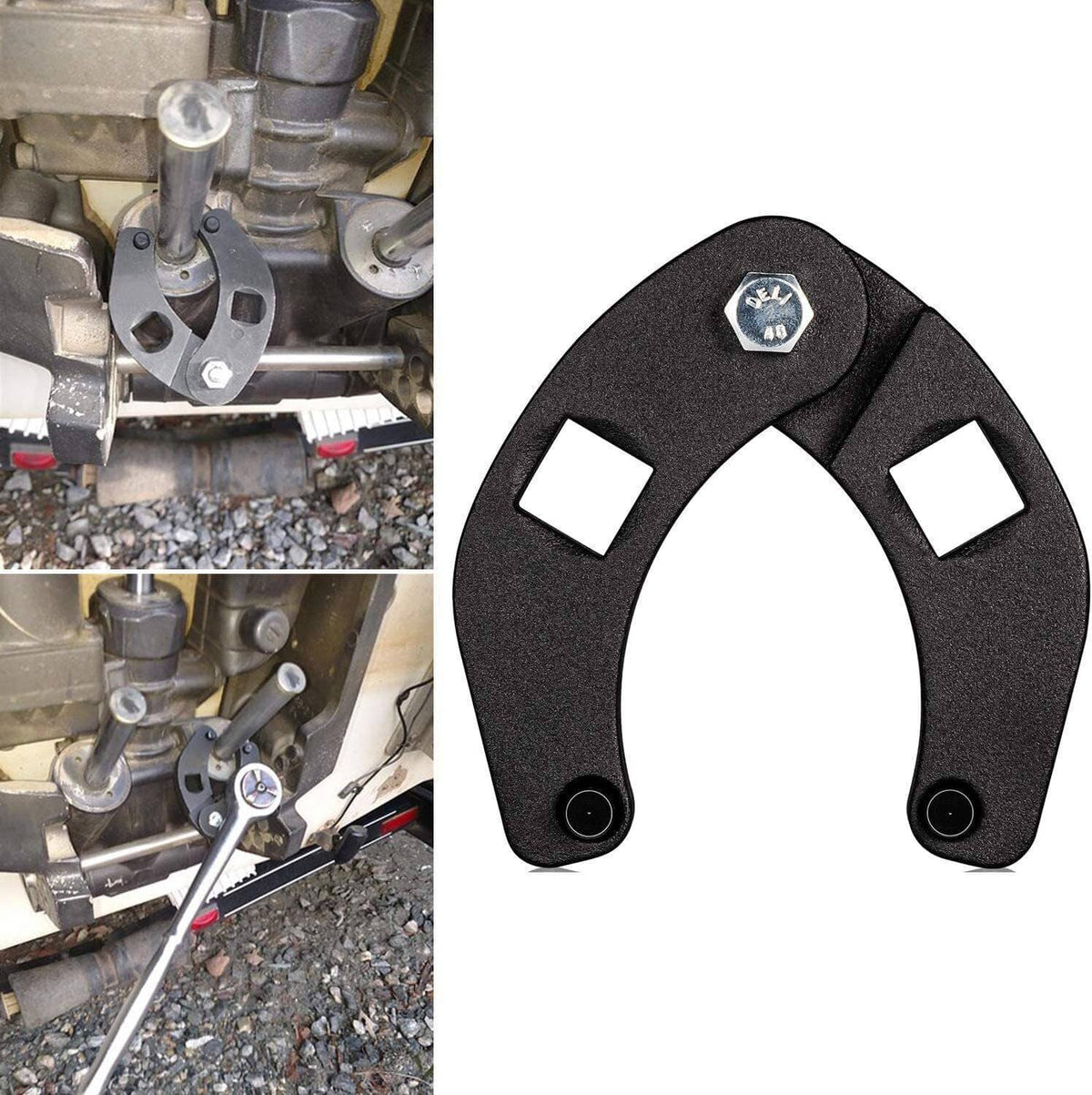 Adjustable gland nut wrench with black frame next to hydraulic cylinder work area