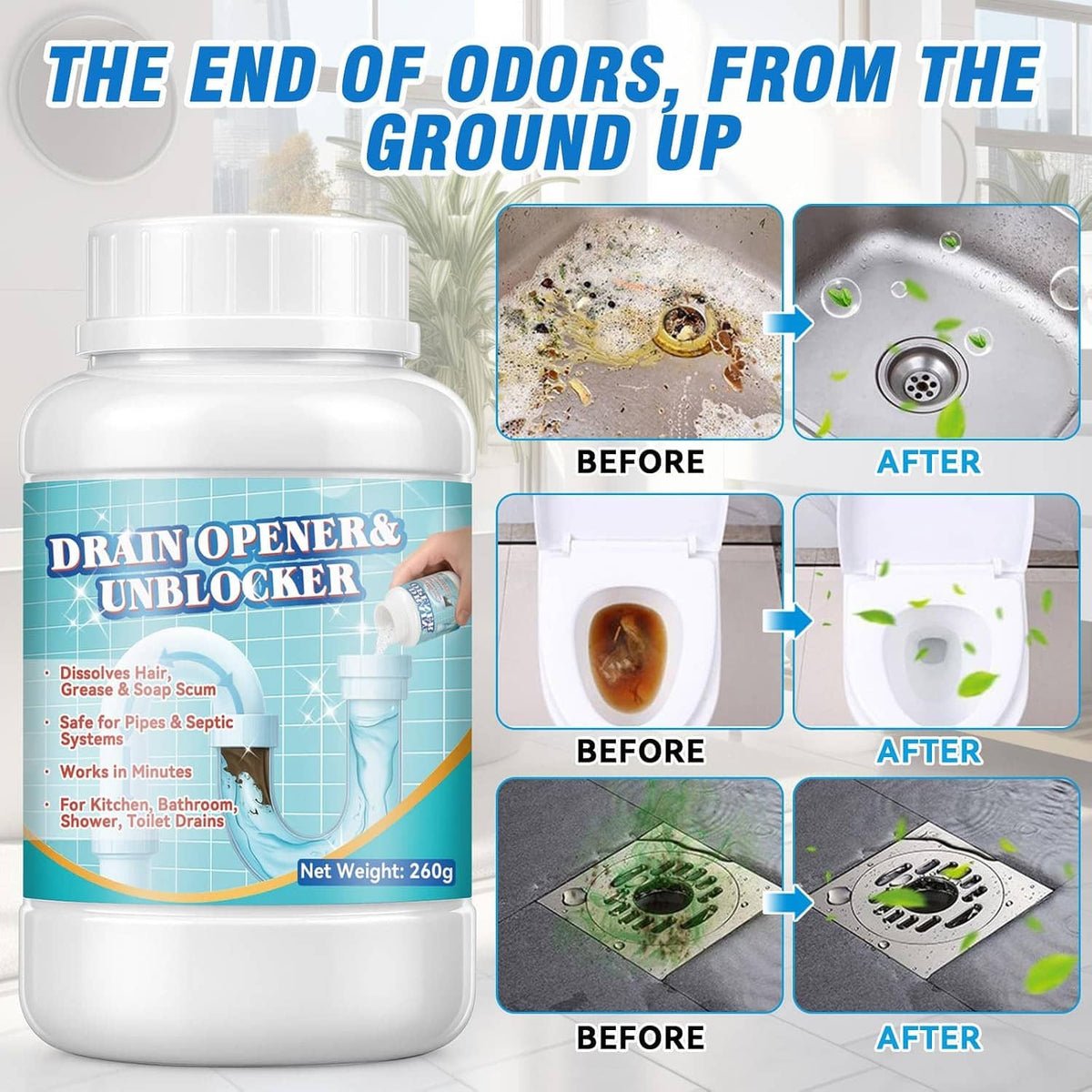 Drain unblocking cleaner bottle with inset of stained toilet bowl and cleared drain water