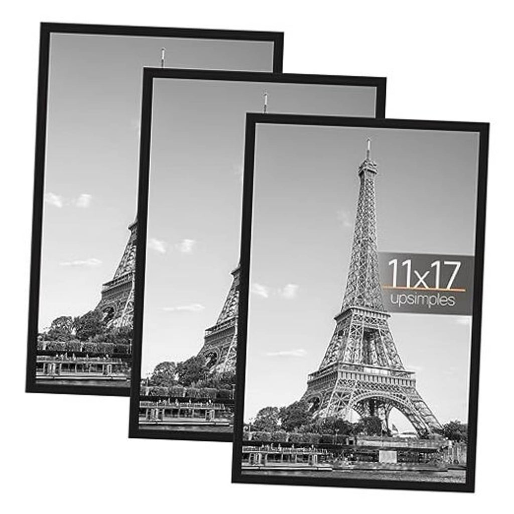 Set of three black 11x17 poster frames with clear fronts and hanging hooks, shown with Eiffel art