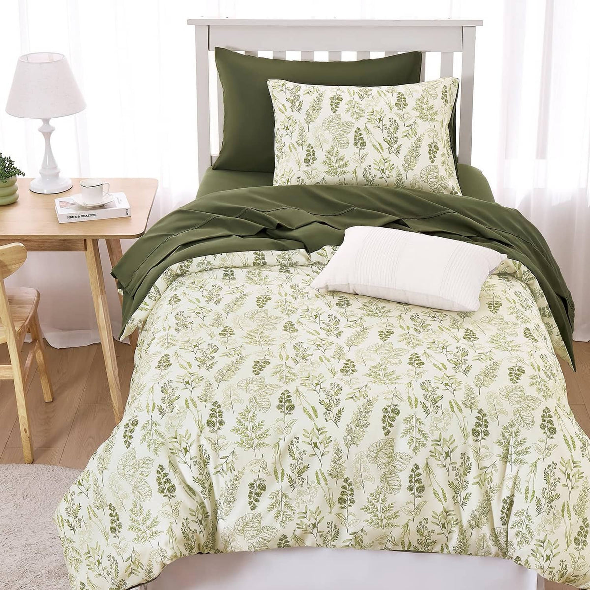 Olive and botanical leaf printed comforter with two matching pillows