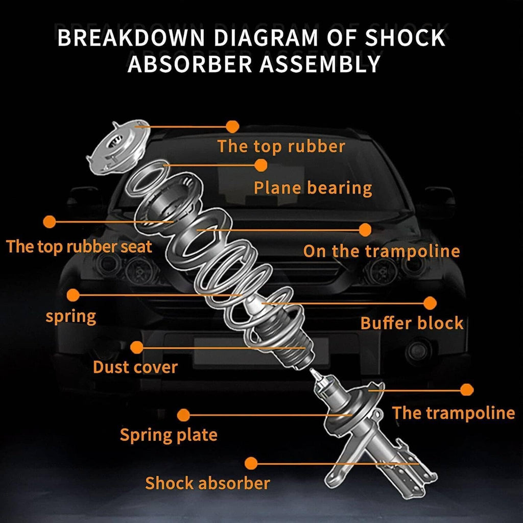 Shock absorber assembly breakdown diagram showing internal spring and mount components