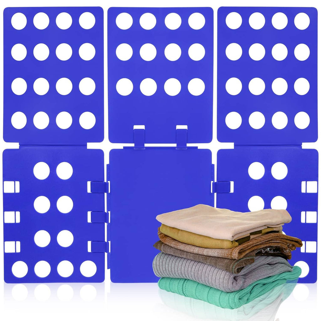 Blue T-shirt folding board with peg holes and folded shirts stacked beside it