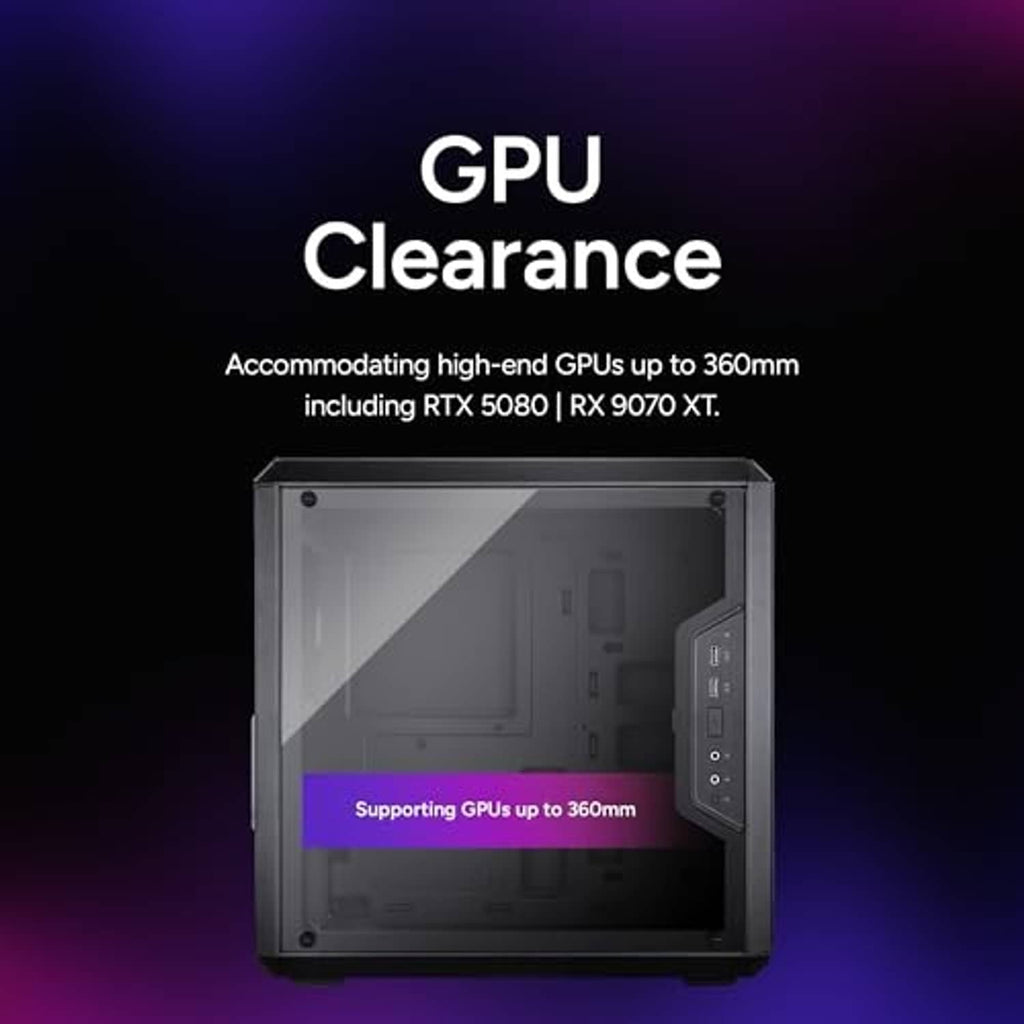 Black PC case with front viewing window and interior space designed for large GPUs.