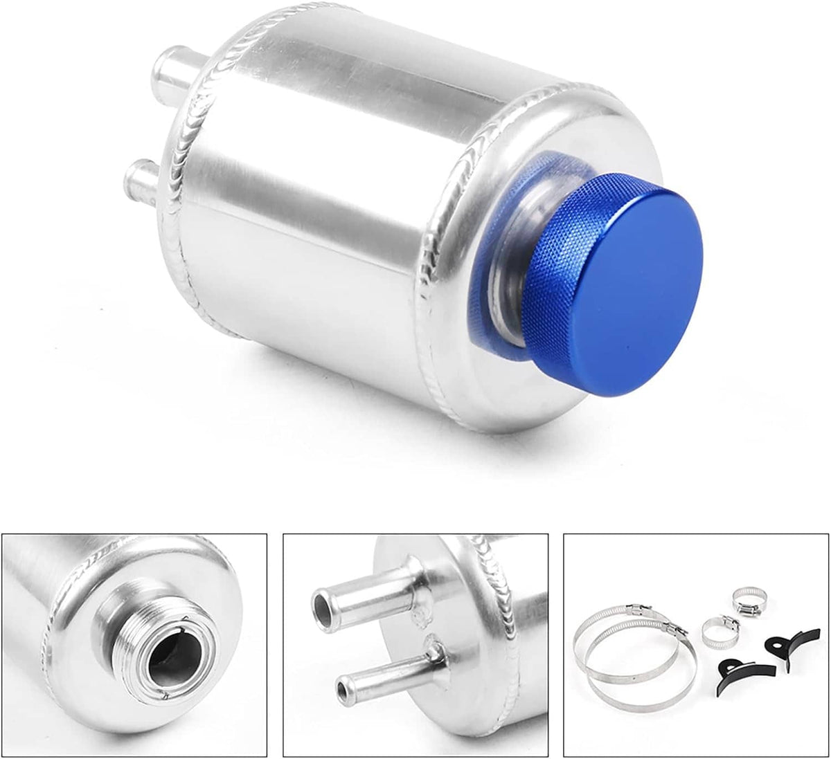 Aluminum power steering fluid reservoir tank with blue cap, side outlet and clamps set