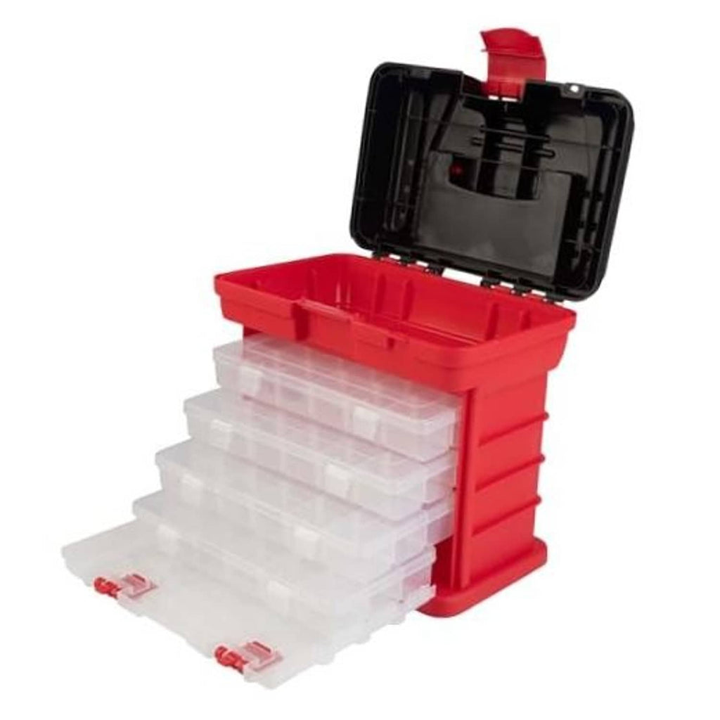 Red portable organizer toolbox with open black lid and transparent multi-drawer storage