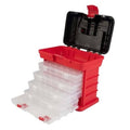Red portable organizer toolbox with open black lid and transparent multi-drawer storage