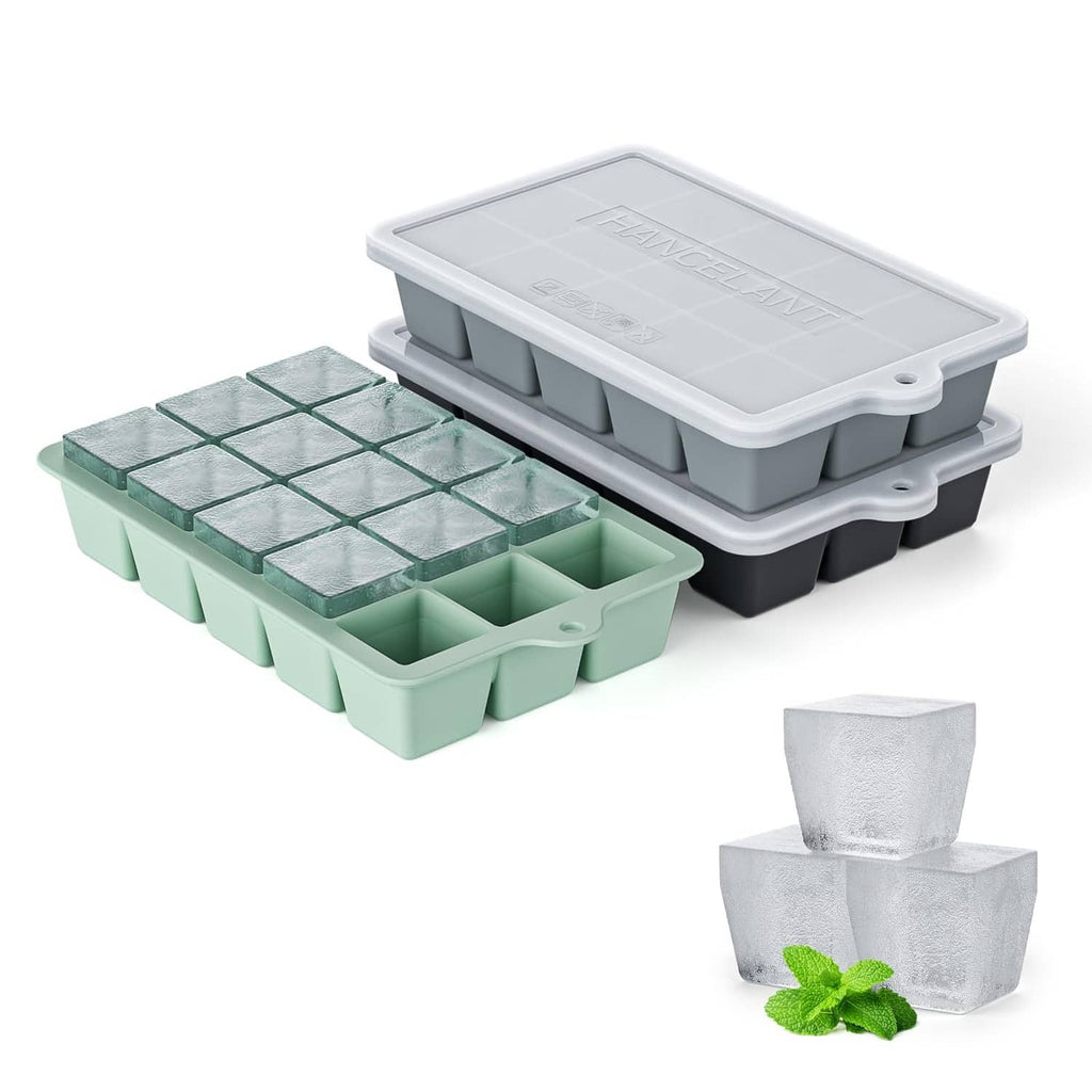 Silicone ice cube tray set with lid, mint and dark gray/black molds, stackable design