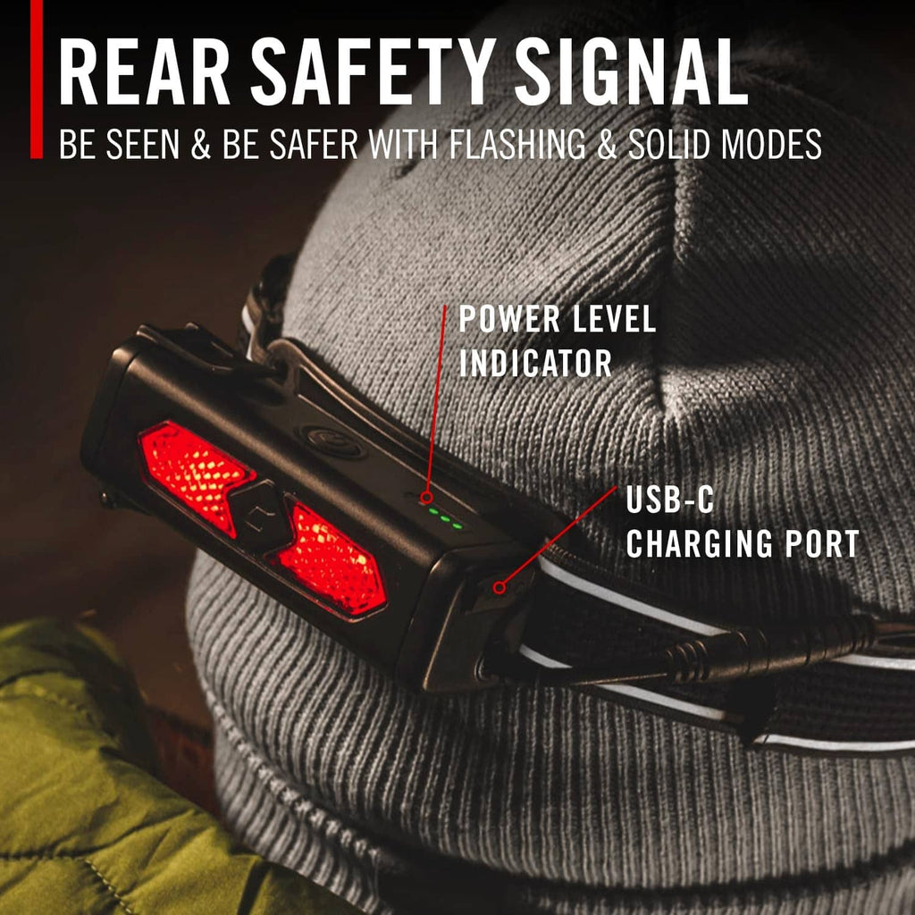 COAST headlamp with rear red safety light, front lens, and side USB-C charging port
