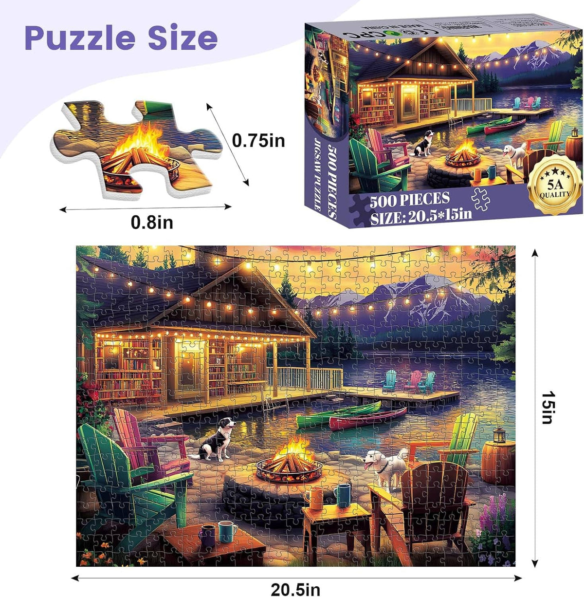 Puzzle box showing lakeside cabin and campfire scene with dog, boats, chairs; 500-piece jigsaw