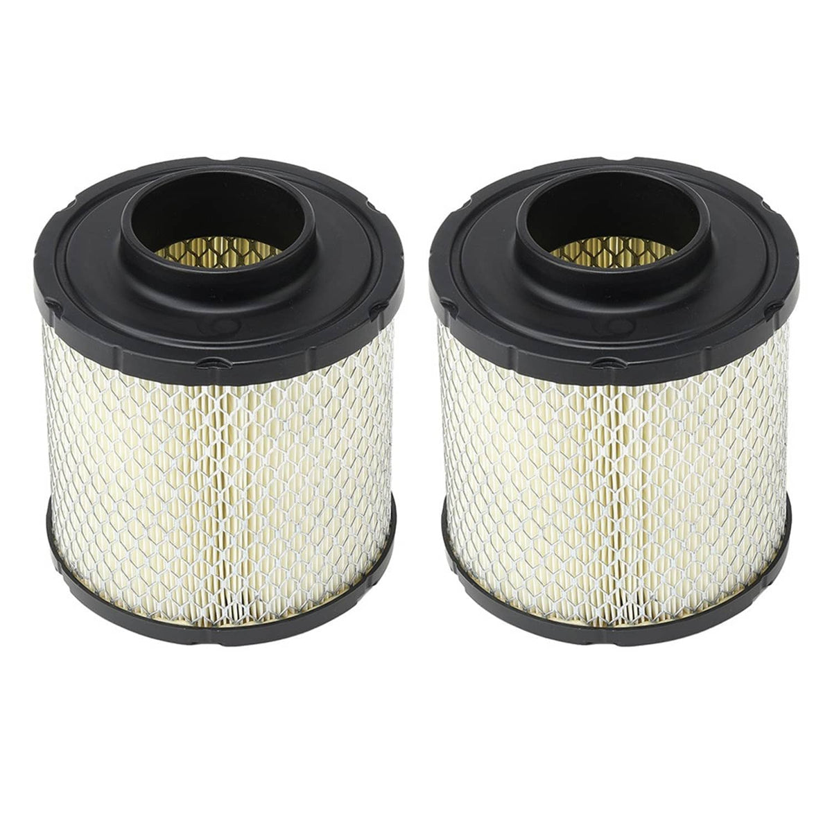 Two-pack cylindrical air filters with white pleated media and black end caps