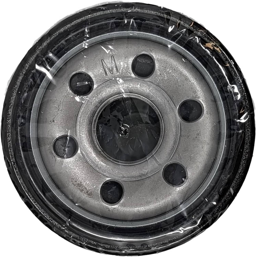 Metal engine oil filter base plate with central opening and mounting holes.