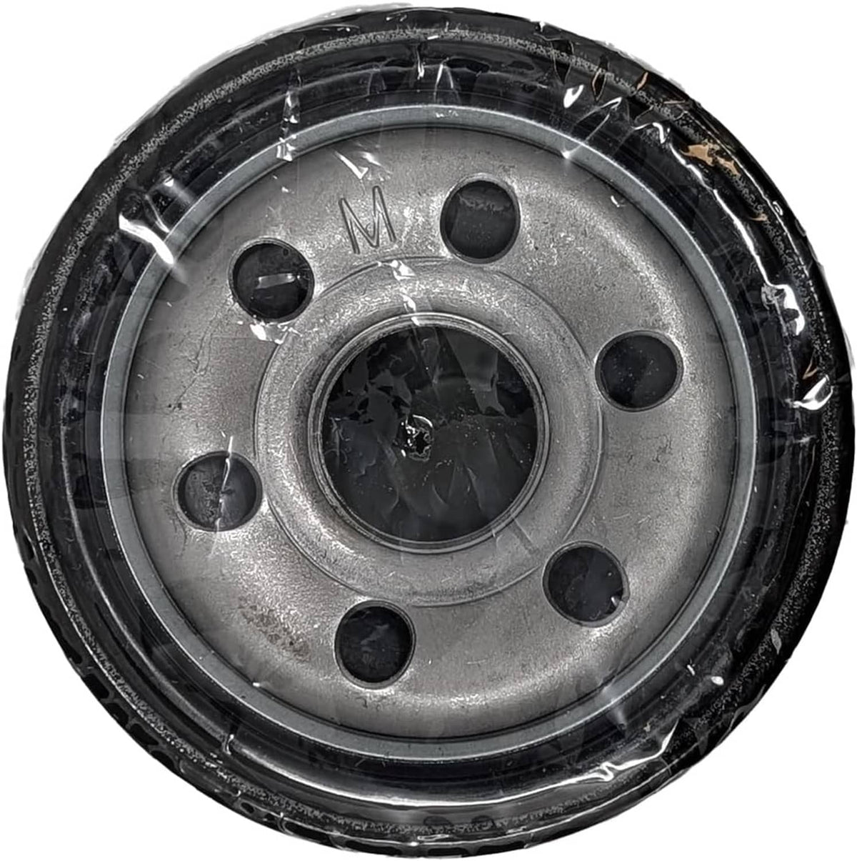 Metal engine oil filter base plate with central opening and mounting holes.