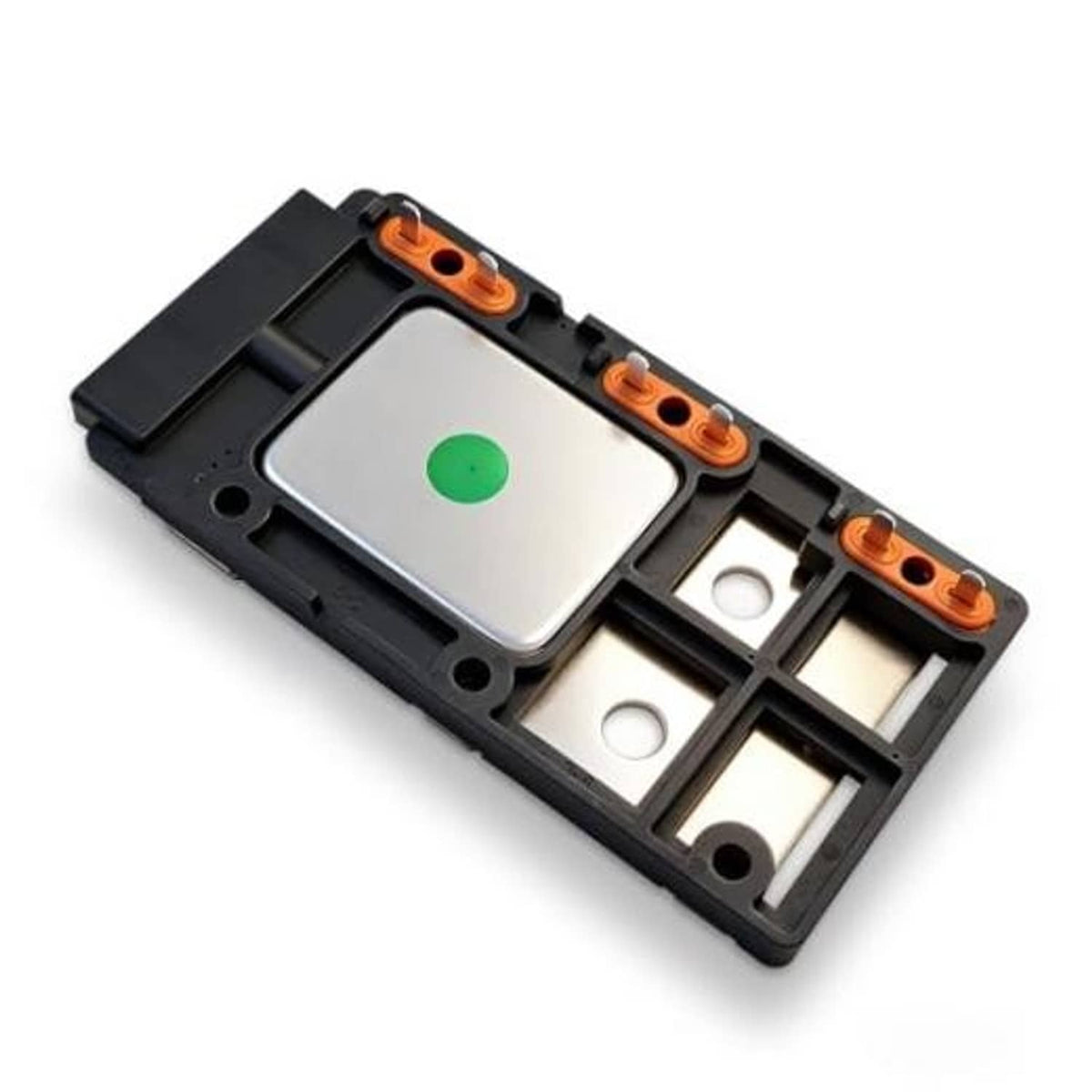 Engine ignition control module with black housing, metal plate, and orange connector lugs