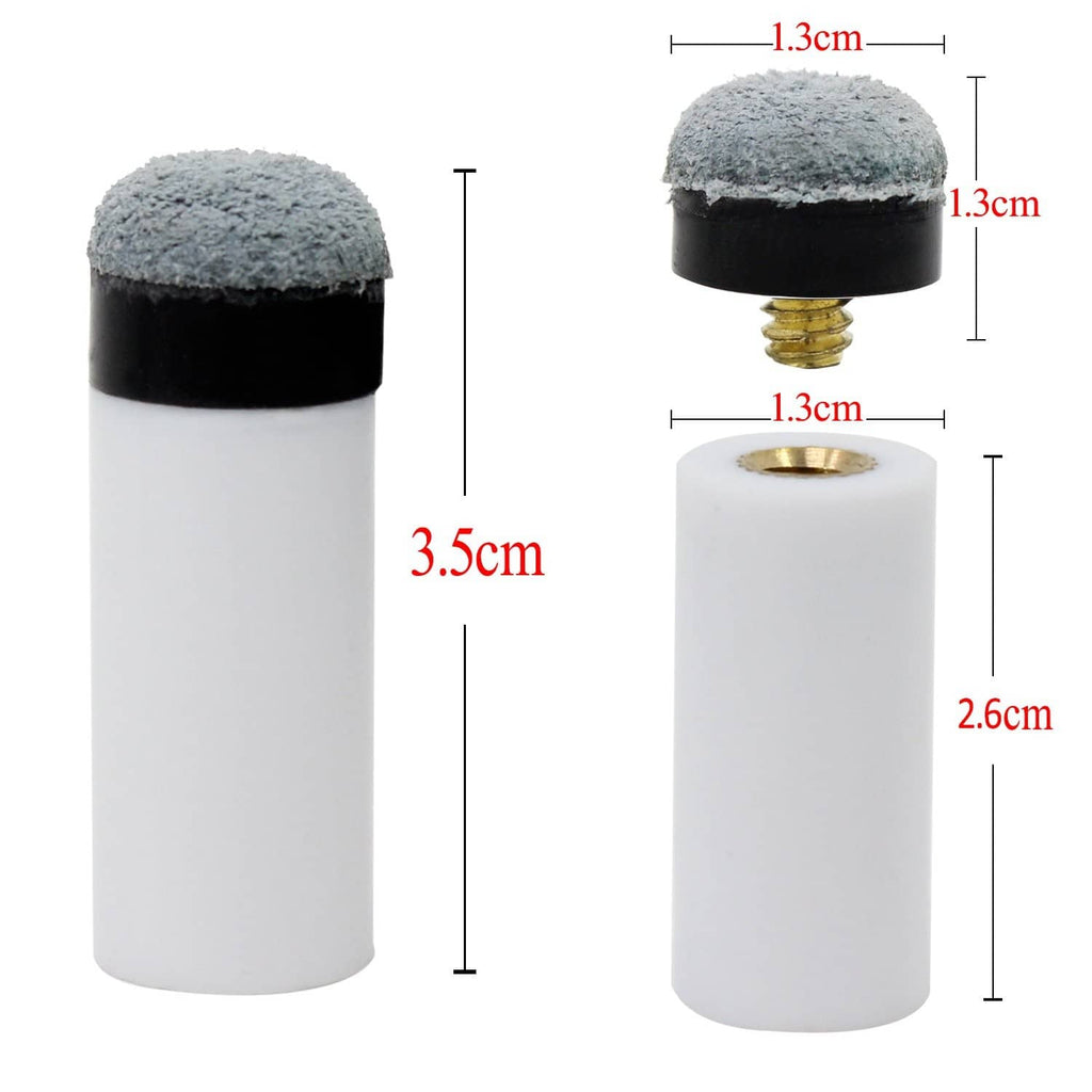 Billiard cue tip set: soft grey cap on white cylinder with brass threaded insert