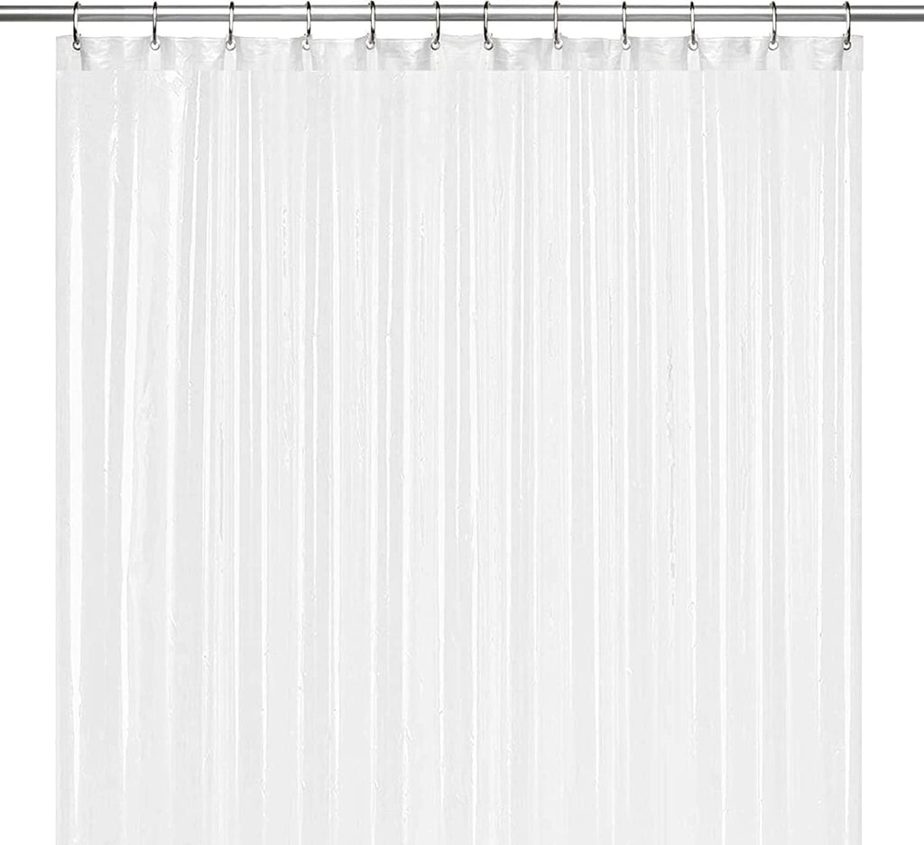 Frosted shower curtain liner with metal grommet hooks and top header rings