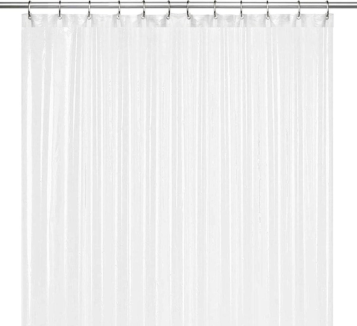 Frosted shower curtain liner with metal grommet hooks and top header rings