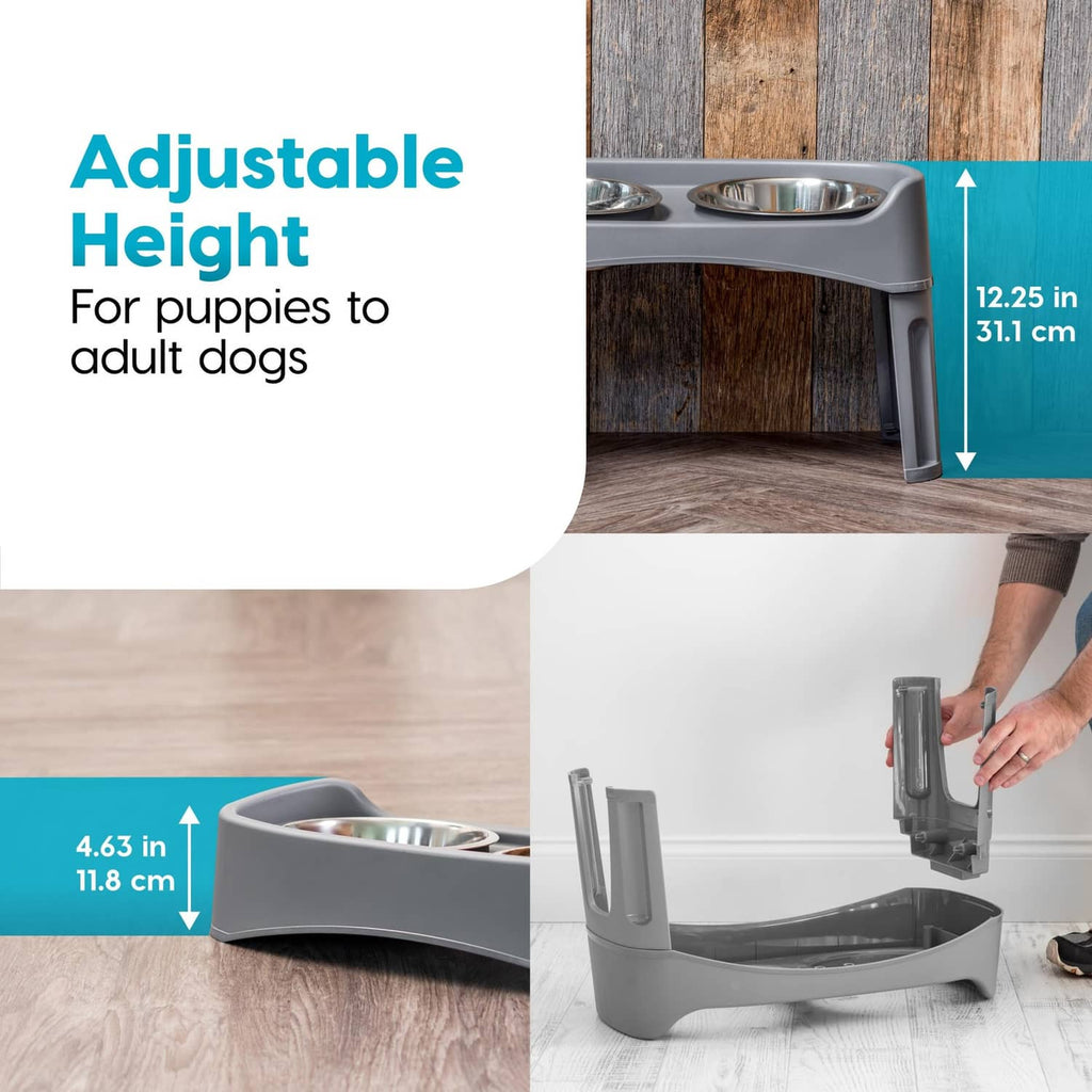 Adjustable-height grey dog bowl stand with stainless steel bowls