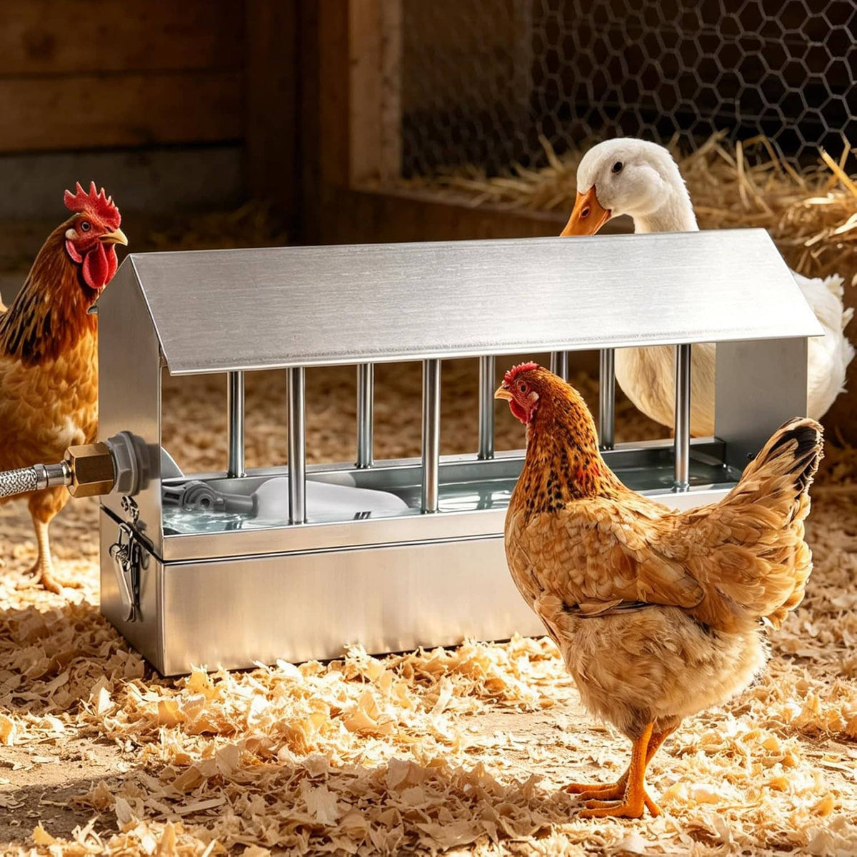 Large stainless chicken waterer with drinking trough and side valve, with birds nearby