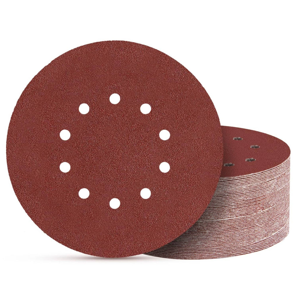 9-inch circular sanding discs, maroon abrasive with 10 dust holes; stacked set