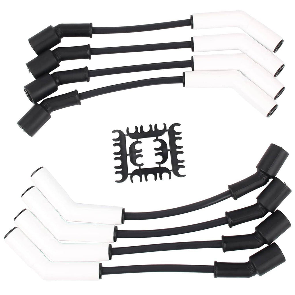 Spark plug wire set with multiple black and white ceramic boots and metal retainer