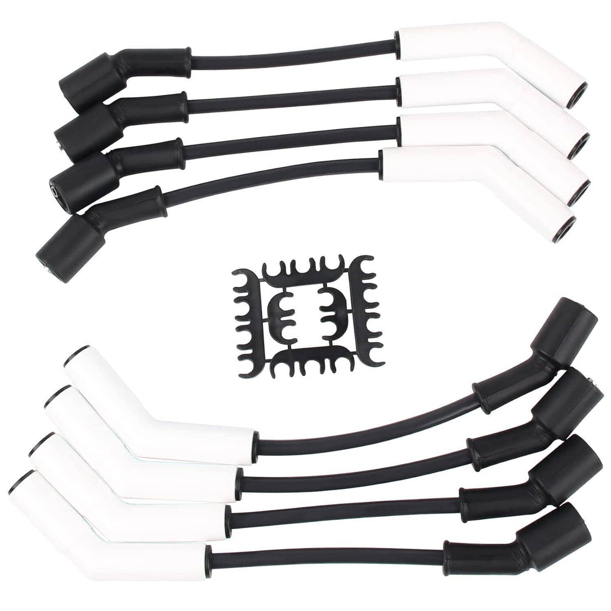 Spark plug wire set with multiple black and white ceramic boots and metal retainer