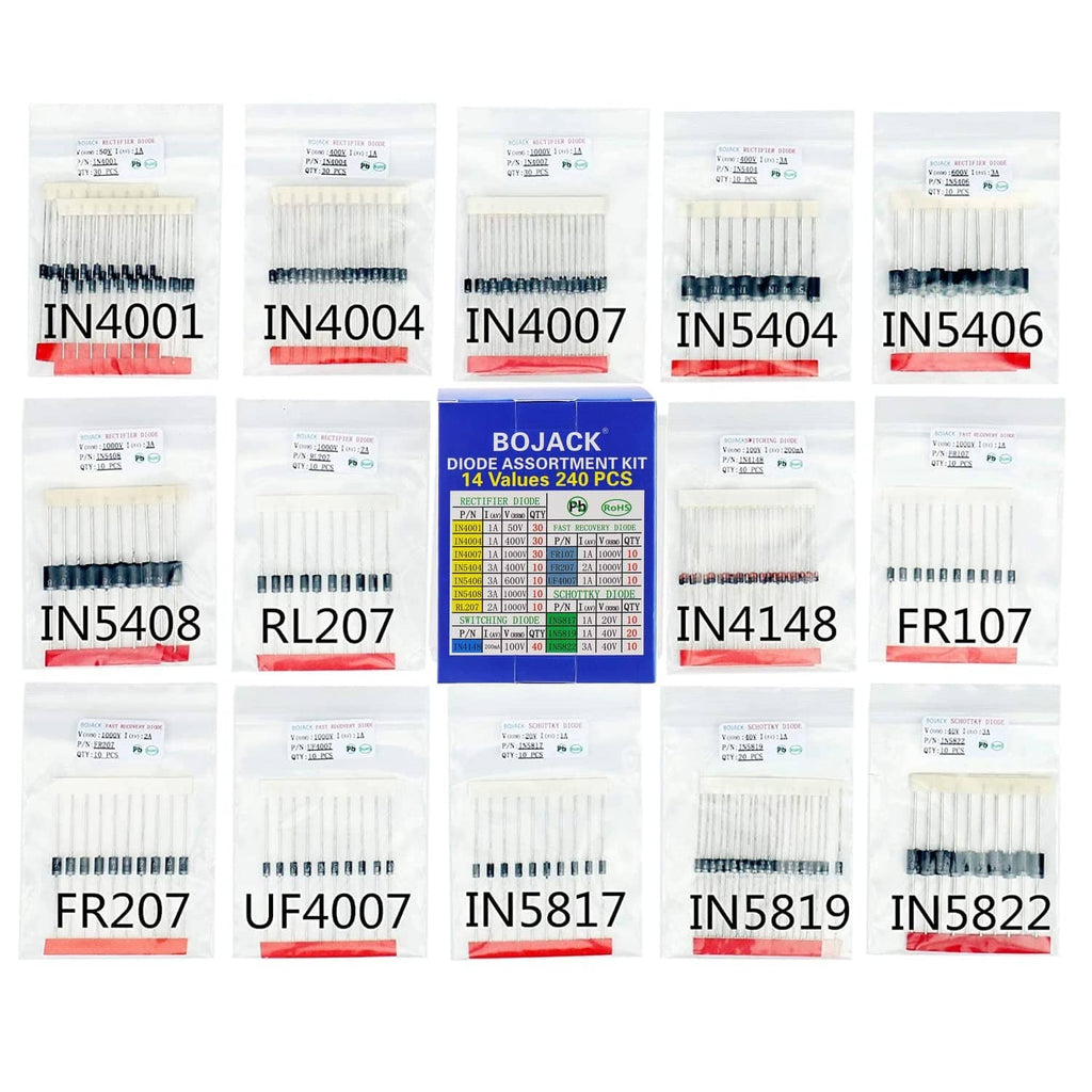 Labeled diode assortment bags showing multiple diode types and markings